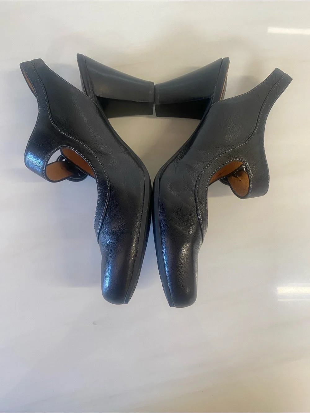 CLARKS  Black Leather Slingback Mary Jane Heels with Button Strap